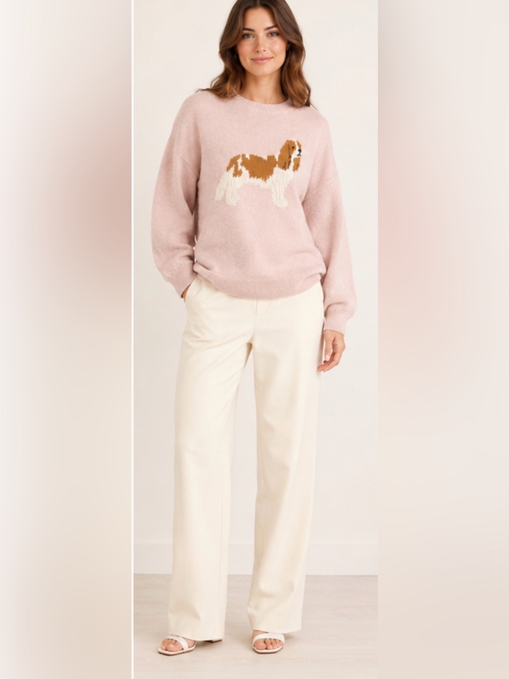 Le Lis King Charles Spaniel Dog Graphic Pink Crewneck Sweater Size Small NWT